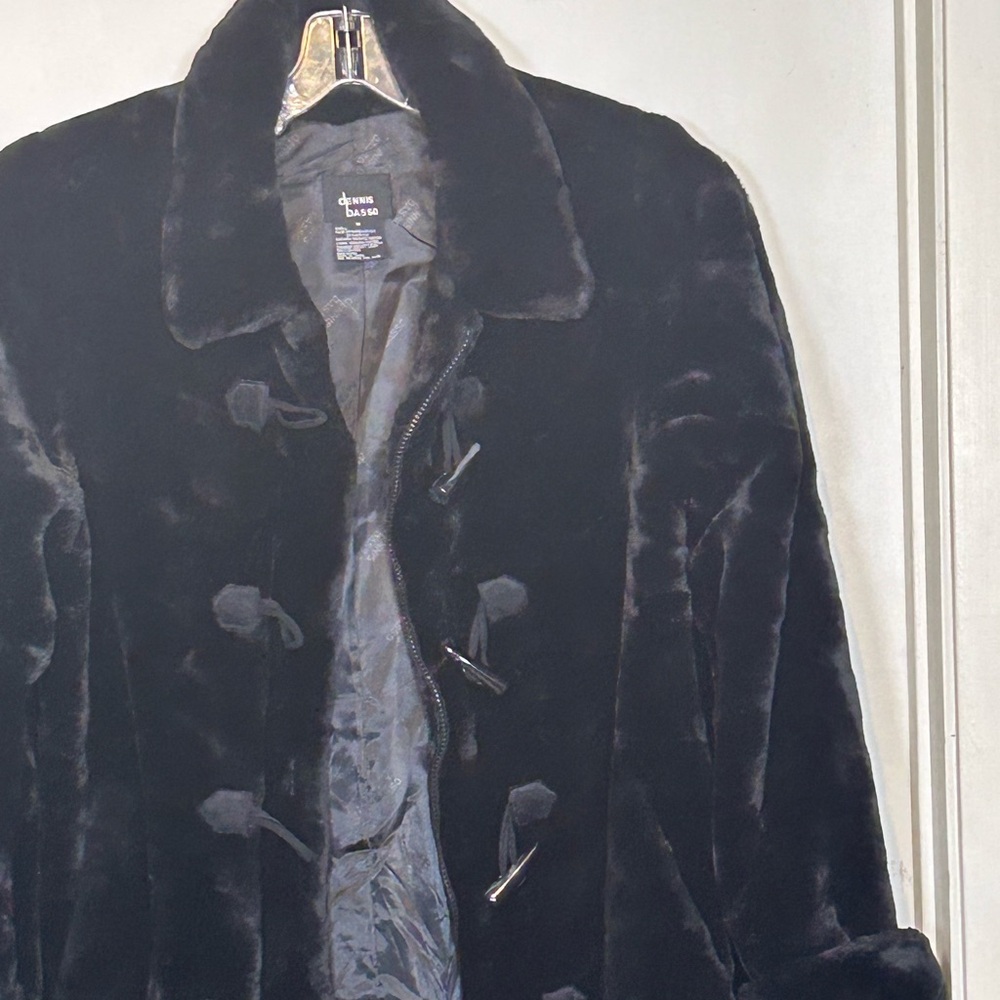 Dennis Basso Black Faux Fur Toggle Coat Jacket Women's Medium Mid-Length Zip Up - Picture 1 of 7